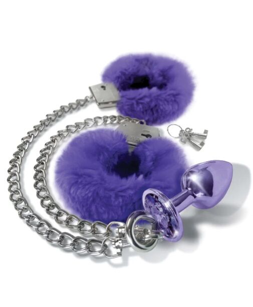 Набор Global Novelties NIXIE METAL BUTT PLUG &amp; FURRY HANDCUFF SET, MEDIUM, PURPLE METALLIC