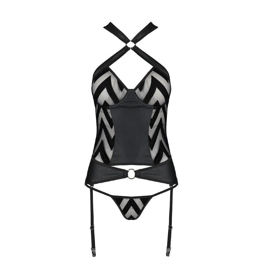 Сетчатый комплект с узором: корсет с халтером, подвязки, трусики Hima Corset black XXL/XXXL-Passion