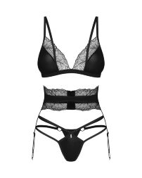 Комплект Obsessive Lobellis 3-pcs set, M/L, чорний, ліф з м’якою чашкою, стрінги, пояс для панчіх