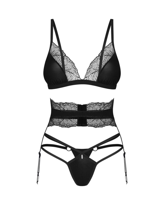 Комплект Obsessive Lobellis 3-pcs set, M/L, черный, лиф с мягкой чашкой, стринги, пояс для чулок