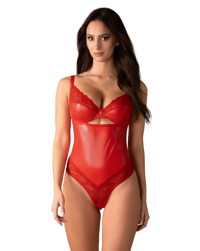 Боди виниловое с цветочным кружевом Obsessive Aliosa teddy красное, S/M
