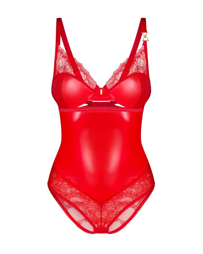 Боди виниловое с цветочным кружевом Obsessive Aliosa teddy красное, S/M