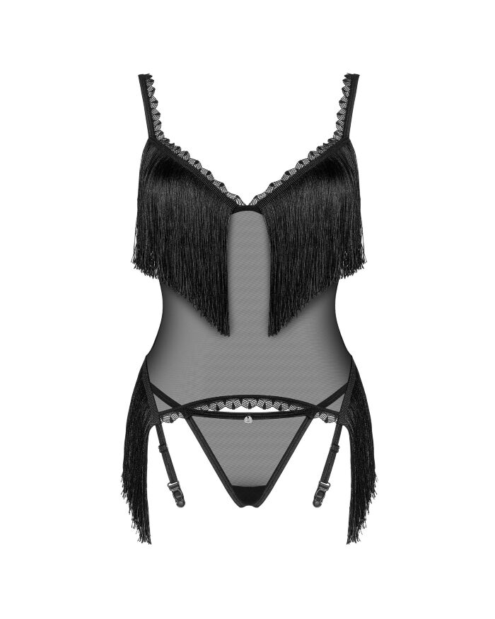 Корсет с бахромой и стринги Obsessive Sherila черный, XS/S