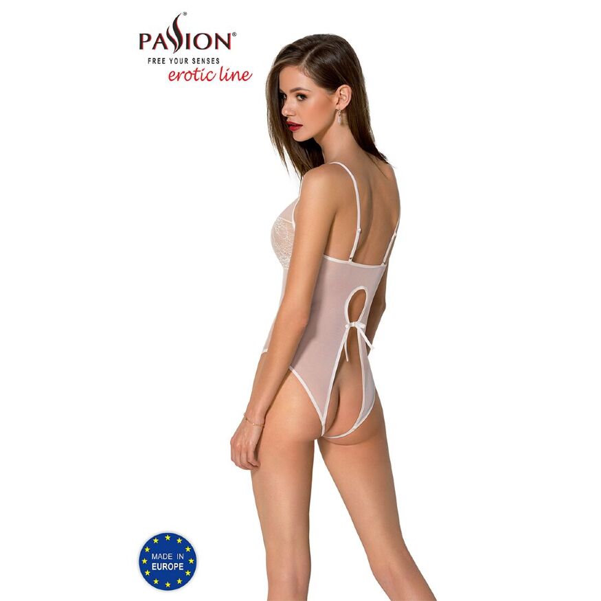 Боди Passion Ursula Body white S/M, с ажурным декором и открытым шагом