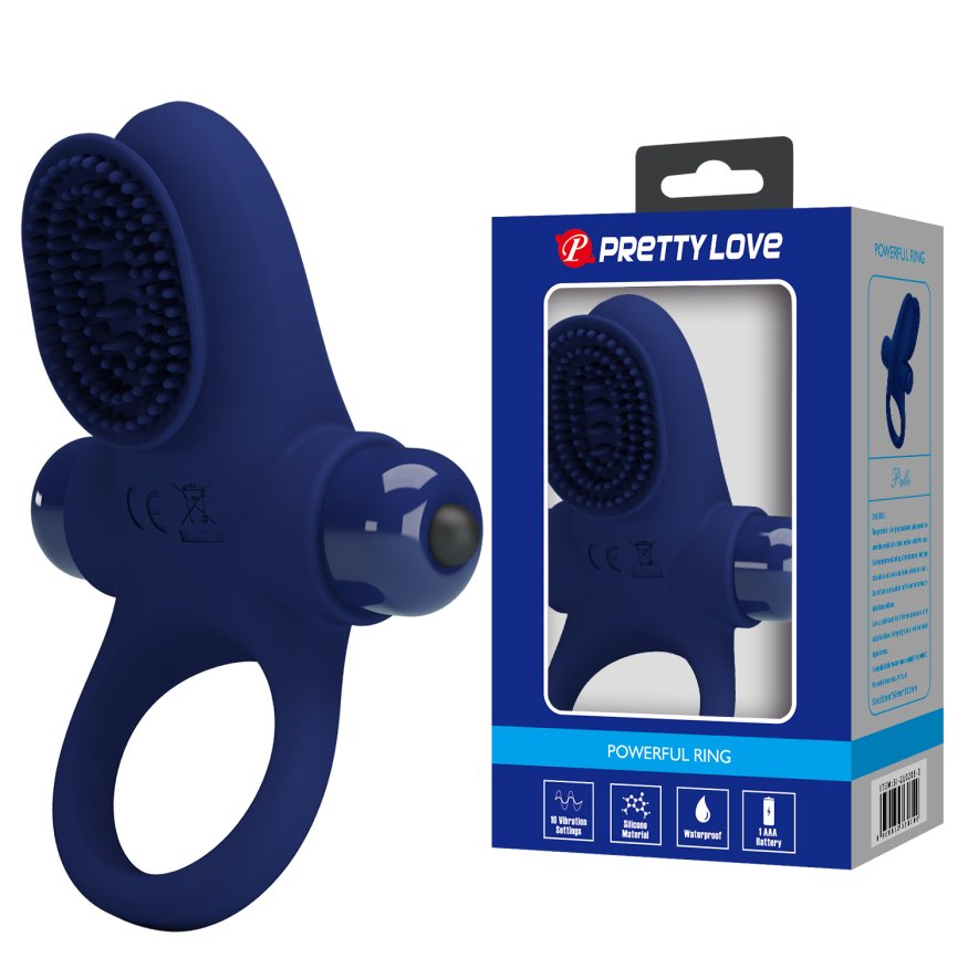 Ерекційне кільце з відростком, м'якими шипами Pretty Love Powerful Ring Vibro Stimulator II Blue