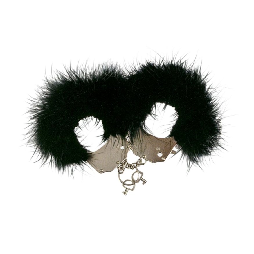 Наручники металеві Adrien Lastic Handcuffs Black з чорним пухнастим оздобленням