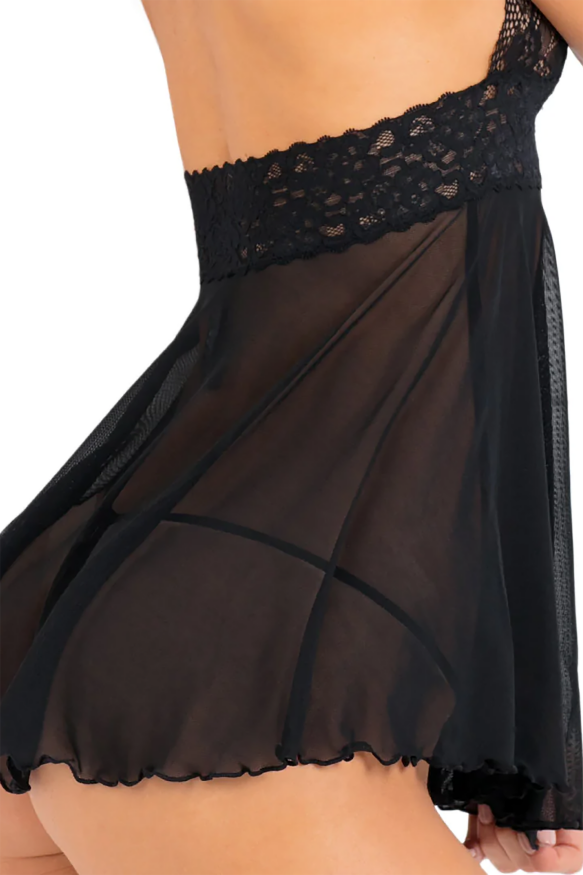 ПЕНЬЮАР 2PC LACE &amp; MESH HALTER BABYDOLL &amp; G-STRING SET BLACK, S