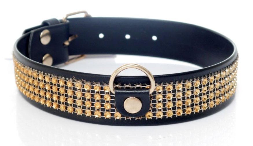 Нашийник зі штучної шкіри з кристалами Fetish Boss Series - Collar with crystals Gold, BS3300102