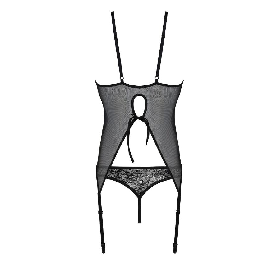 Корсет Passion Ursula Corset black L/XL, с пажами, трусики с ажурным декором и открытым шагом