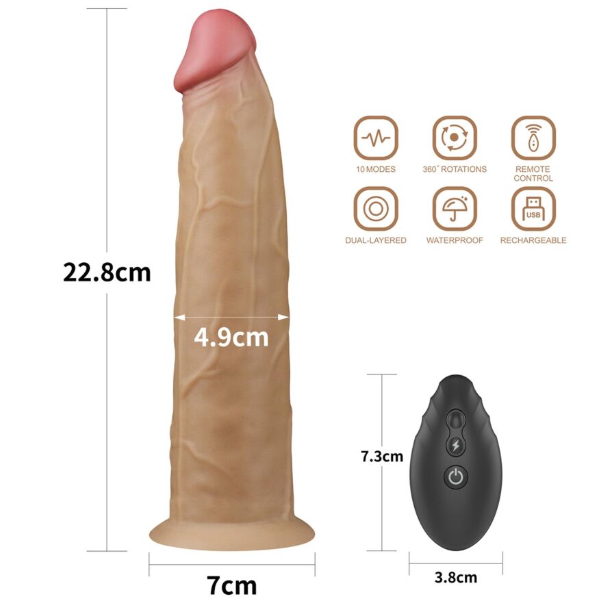 Член с вибрацией и вращением и пультом ДУ - Dual-Layered Silicone Rotator 9" Flesh