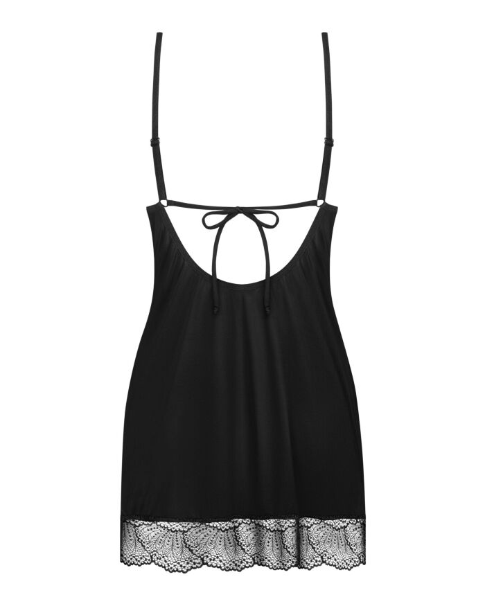 Пеньюар Obsessive Lobellis chemise &amp; thong, XL/2XL, чорний, мереживне оздоблення, стрінги в комплект