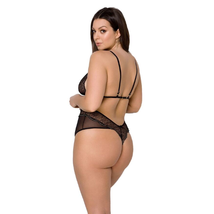 Боди Passion Amberly Body 6XL/7XL black, ассиметричный крой, кружевной лиф, золотая нить