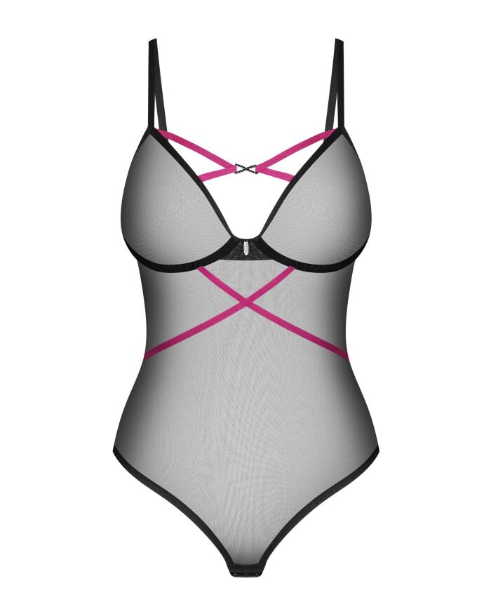 Боди Obsessive Novenes teddy, XS/S, прозрачное, чашки на косточках, декор в виде лент
