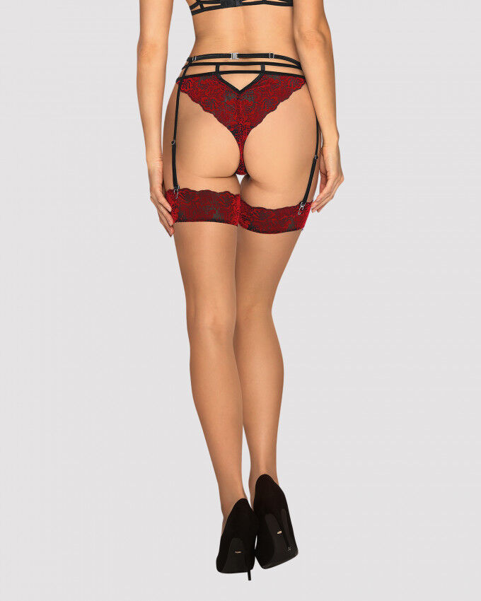 411082 Панчохи під пояс із оксамитовою коронкою Obsessive Sugestina L/XL Natural/red