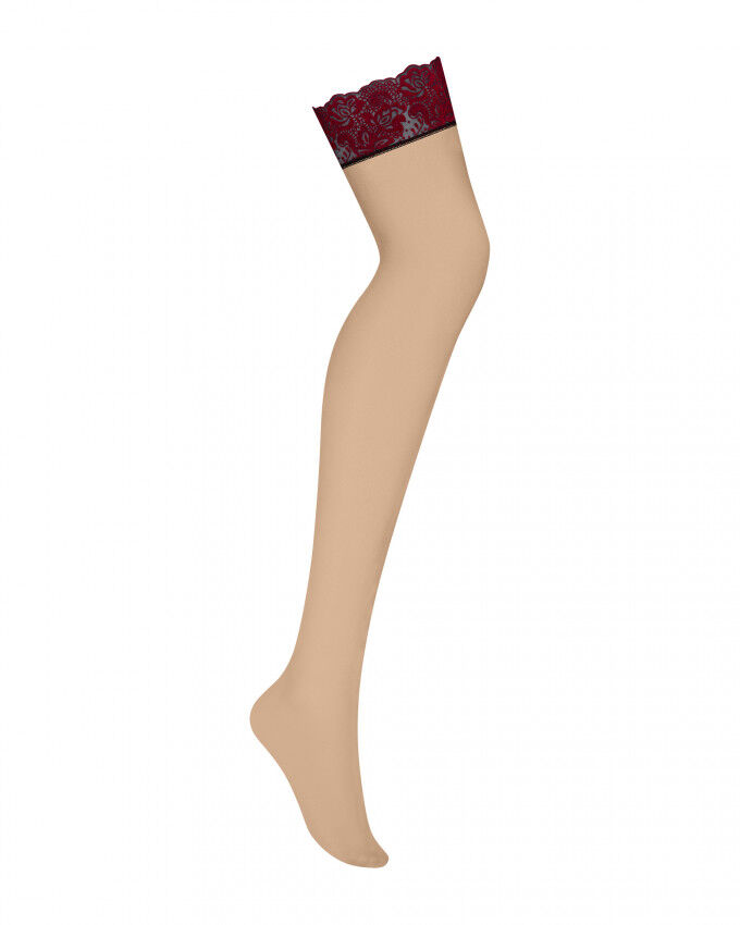 411082 Панчохи під пояс із оксамитовою коронкою Obsessive Sugestina L/XL Natural/red