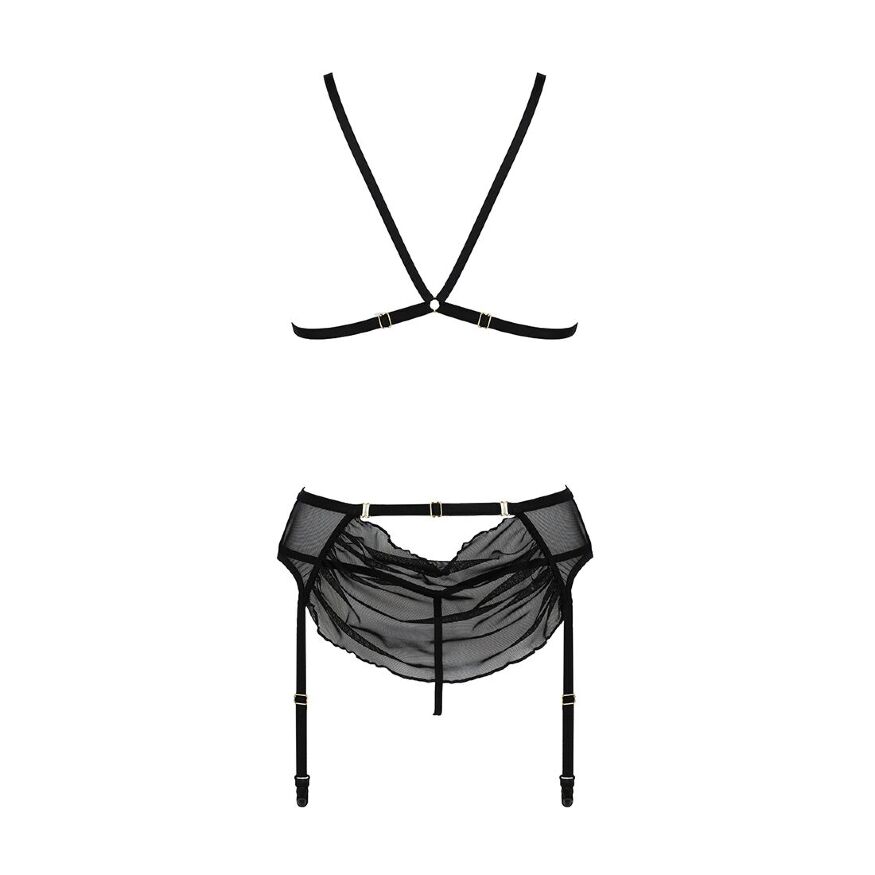 Комплект з відкритим доступом Passion DELIENA SET L/XL black, ліф, стрінги, пояс для панчіх
