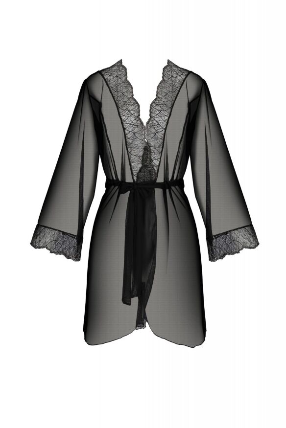 Пеньюар Passion AMBERLY PEIGNOIR 4XL/5XL, black, ажурні декольте та манжети, широкі рукави