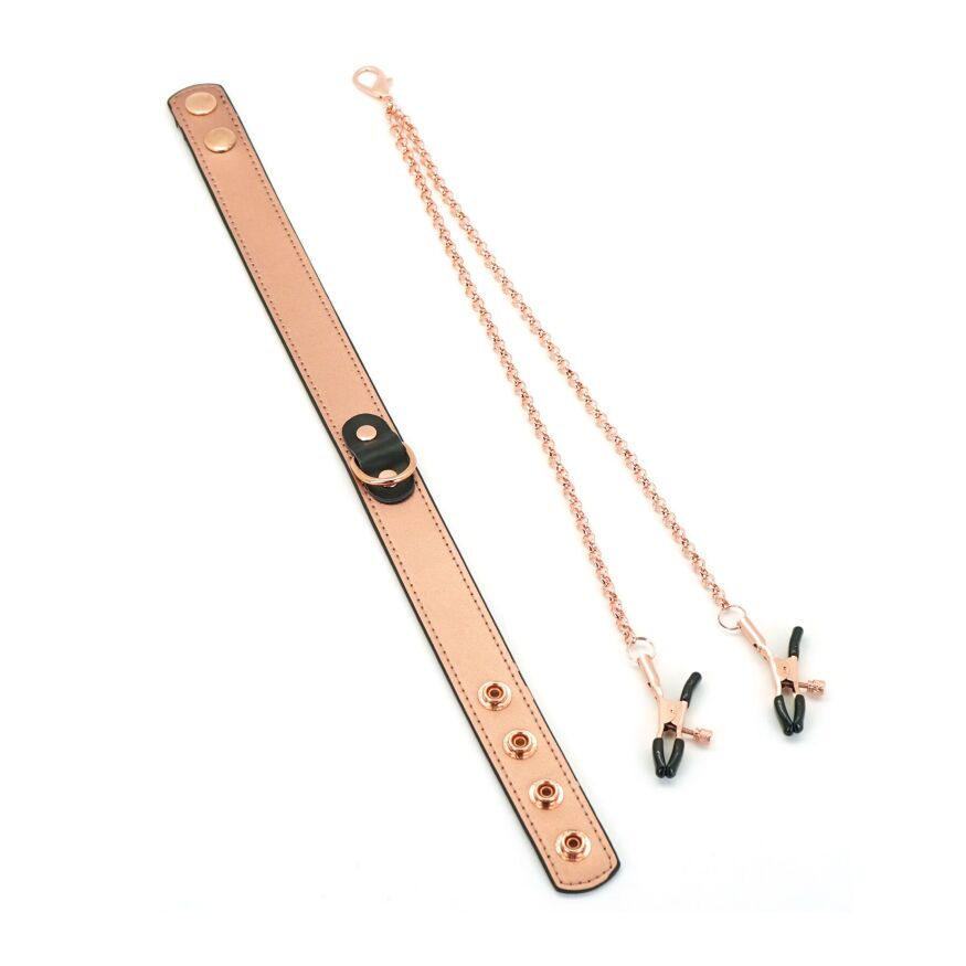 Нашийник із затискачами для сосків Liebe Seele Rose Gold Memory Collar with Nipple Clamps, шкіра