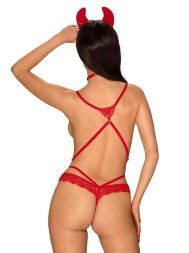 (SALE) Еротичний костюм чортика зі стреп Obsessive Evilia teddy red L/XL, боді, чокер, накладки на соски, о