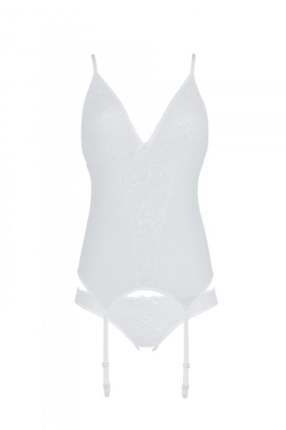 Корсет Passion Ursula Corset white XXL/XXXL, с пажами, трусики с ажурным декором и открытым шагом