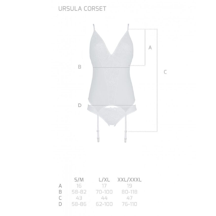 Корсет Passion Ursula Corset white XXL/XXXL, с пажами, трусики с ажурным декором и открытым шагом