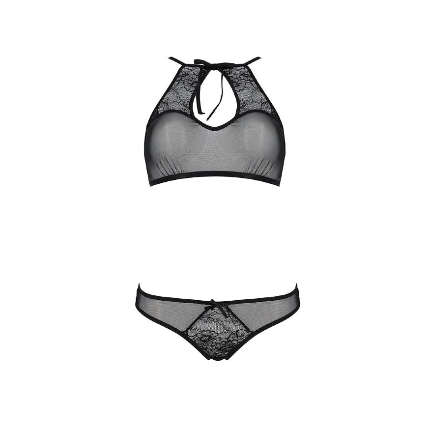 Комплект Passion URSULA SET black L/XL: бра, трусики с ажурным декором и открытым шагом