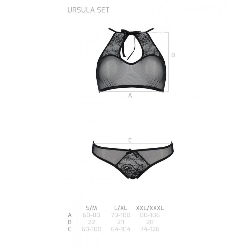 Комплект Passion URSULA SET black L/XL: бра, трусики с ажурным декором и открытым шагом