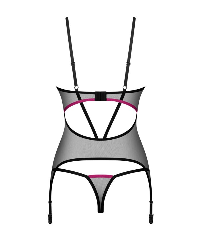 Корсет Obsessive Novenes corset &amp; thong, XL/2XL, прозорий, відкрита спина, стрінги в комплекті