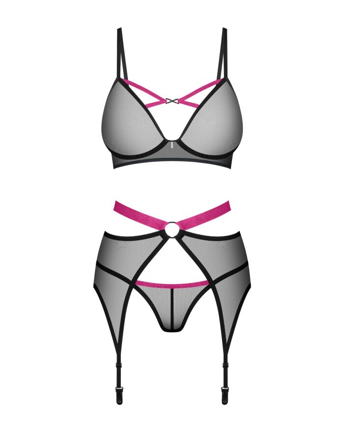 Комплект Obsessive Novenes 3-pcs set, XS/S, прозорий ліф на кісточках, стрінги, пояс