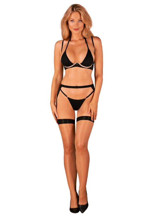 Комплект 3 предмета - лиф, стринги и пояс для чулков Selinne 3-pcs set, черный, XS/S