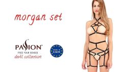 Комплект білизни Passion Exclusive MORGAN SET OpenBra L/XL, black, стрепи, трусики, ліф, пояс