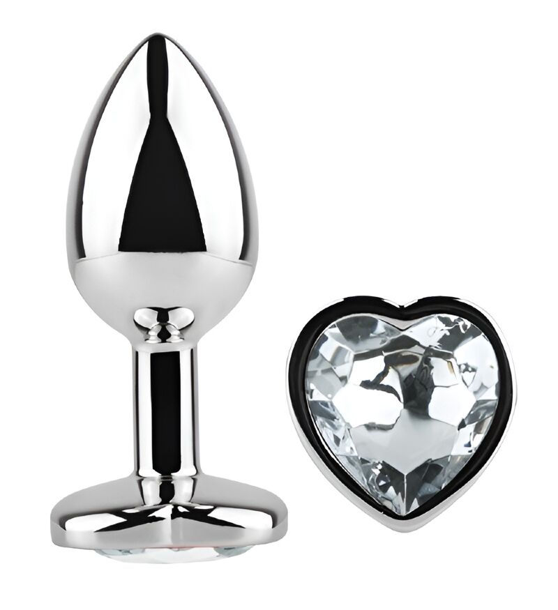 Анальна пробка з кристалом EGZO - Silver Heart Plug Clear size M