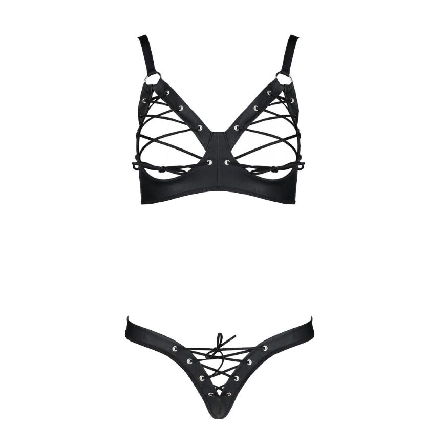Комплект из экокожи CELINE BIKINI 6XL/7XL — Passion: открытый бра с лентами, стринги со шнуровкой