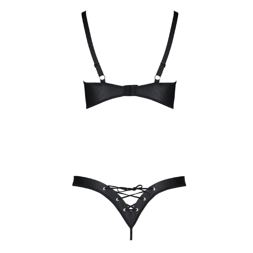 Комплект из экокожи CELINE BIKINI 6XL/7XL — Passion: открытый бра с лентами, стринги со шнуровкой