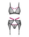 Комплект Obsessive Novenes 3-pcs set, XL/2XL, прозорий ліф на кісточках, стрінги, пояс
