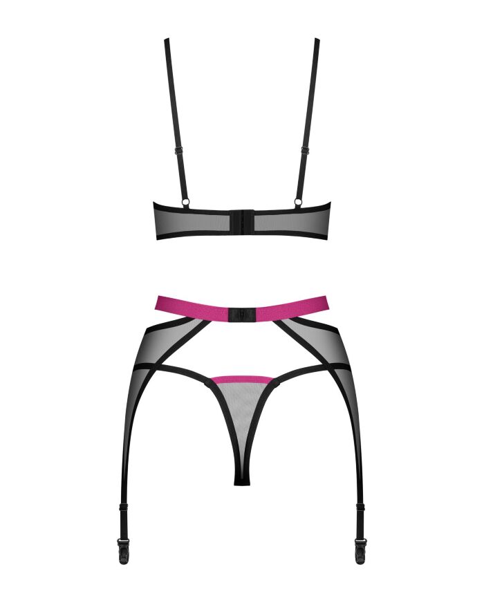 Комплект Obsessive Novenes 3-pcs set, XL/2XL, прозорий ліф на кісточках, стрінги, пояс