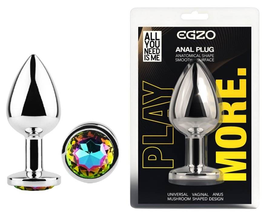 Анальна пробка з кристалом EGZO - Silver Round Plug Rainbow size S