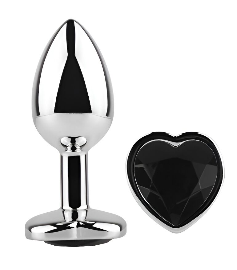 Анальная пробка с кристаллом EGZO - Silver Heart Plug Black size M