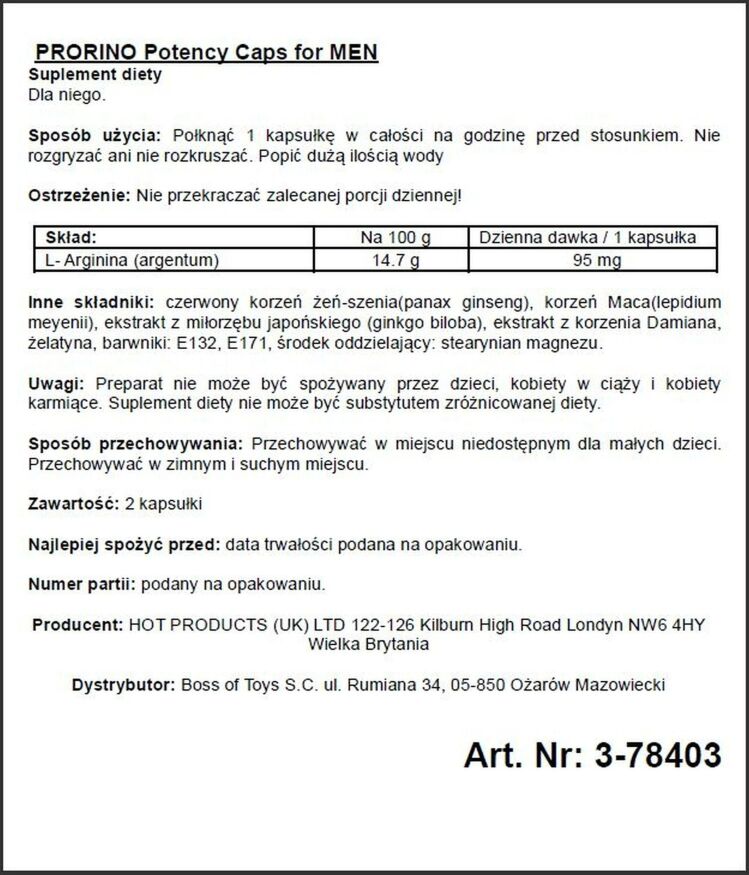 Капсулы для потенции PRORINO Potency Caps for men, 2 шт