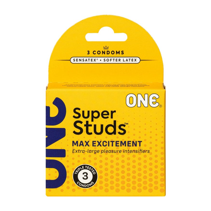 Презервативи ONE Super Studs, 3 шт, з точковим рельєфом, зі змазкою, паковання  -  картонна коробка