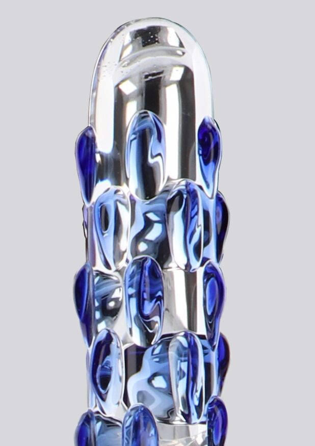 Фаллоимитатор стеклянный с рельефом Diamond Dazzler прозрачный с голубым, 18 см х 3.5 см