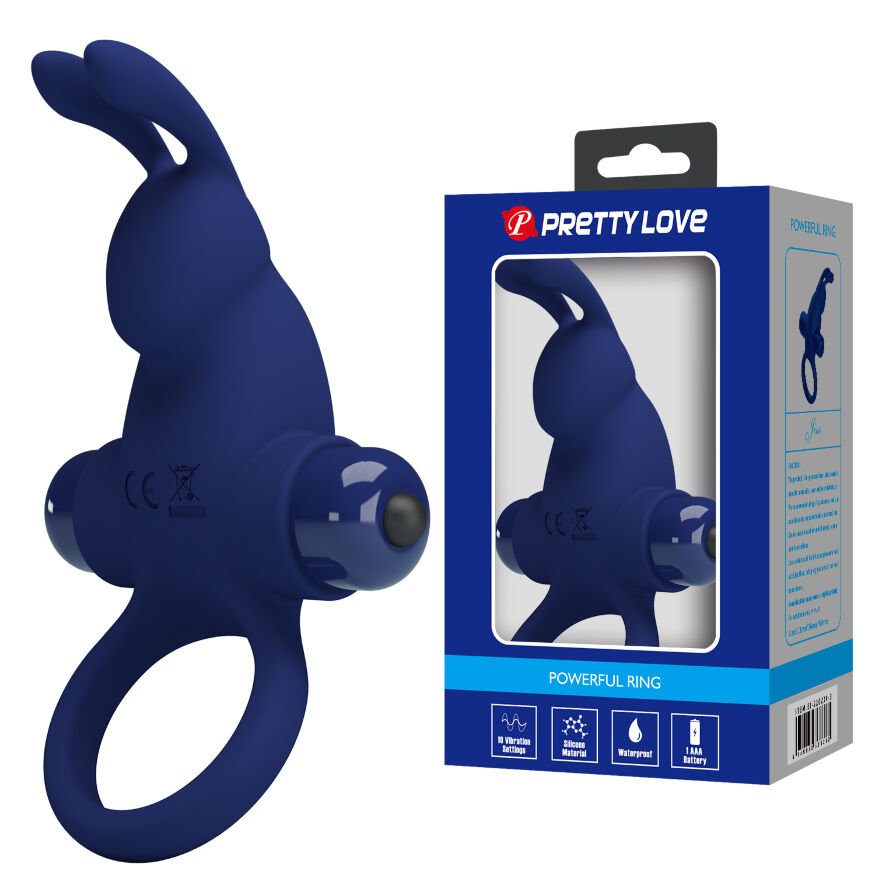 Ерекційне кільце з відростком у вигляді кролика з вушками Pretty Love Powerful Ring Rabbit Vibro Stimulator Blue