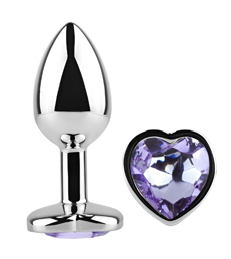 Анальная пробка с кристаллом EGZO - Silver Heart Plug Amethyst size M