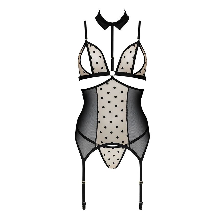 Корсет з відкритими грудьми Passion DOMINICA CORSET L/XL beige, пажі для панчіх, стрінги