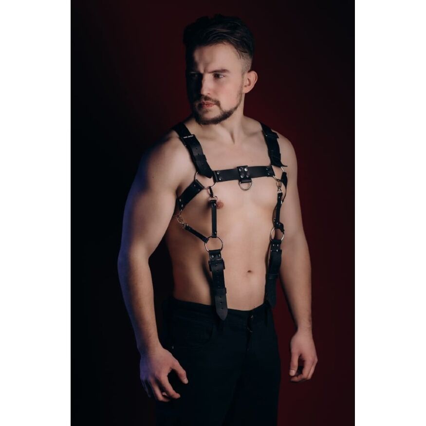 Портупея мужская из натуральной кожи с поводком РТ1 , черная, One Size