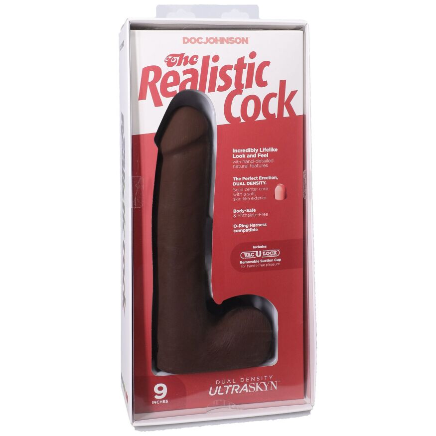Чорний фалоімітатор із кібершкіри Doc Johnson The Realistic Cock ULTRASKYN - 9 Inch with Balls Chocolate