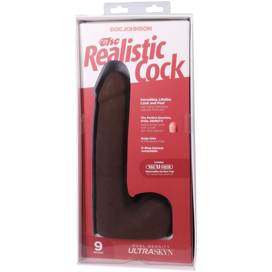 Чорний фалоімітатор із кібершкіри Doc Johnson The Realistic Cock ULTRASKYN - 9 Inch with Balls Chocolate