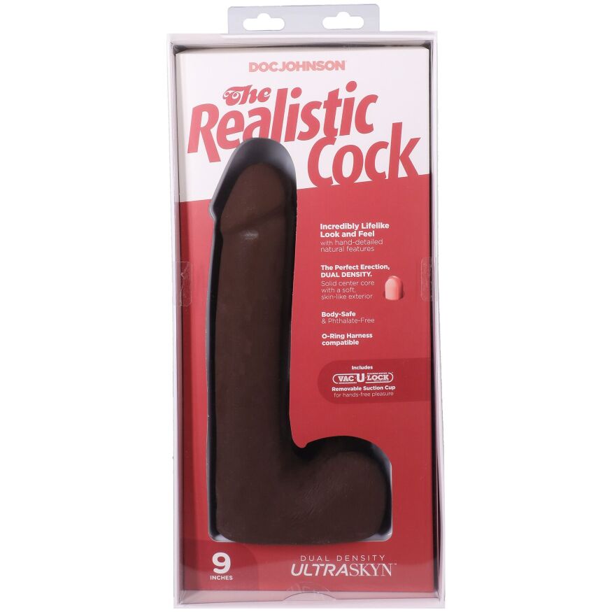 Чорний фалоімітатор із кібершкіри Doc Johnson The Realistic Cock ULTRASKYN - 9 Inch with Balls Chocolate