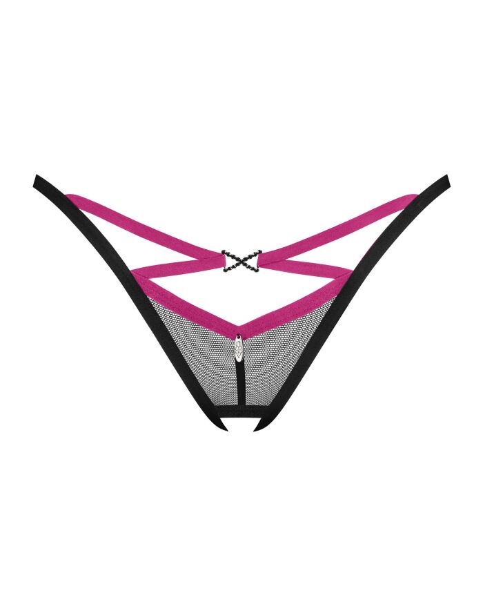 Трусики-стрінги Obsessive Novenes crotchless thong, XS/S, сітка, стрепи, прикраса зі стразами, відкр