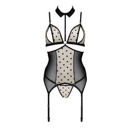 Корсет з відкритими грудьми Passion DOMINICA CORSET S/M beige, пажі для панчіх, стрінги